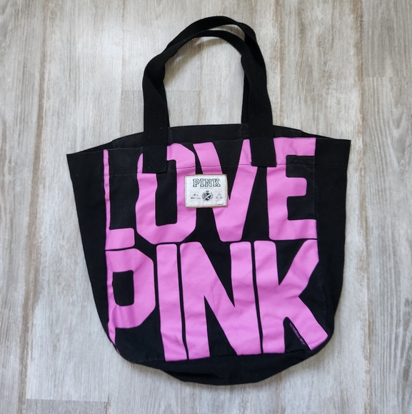Victoria's Secret PINK Tote Bag Canvas Black Purple 'Love Pink' Logo Large Size - Picture 1 of 11